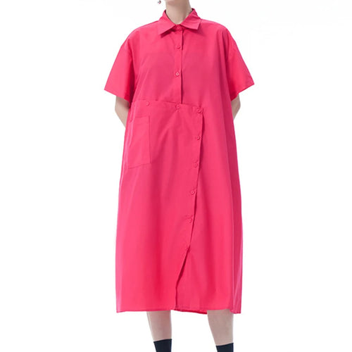 Load image into Gallery viewer, Women Black Irregular Button Big Size Midi Shirt Dress New Lapel Short Sleeve Fashion Tide Spring Summer 2025 1DJ0954

