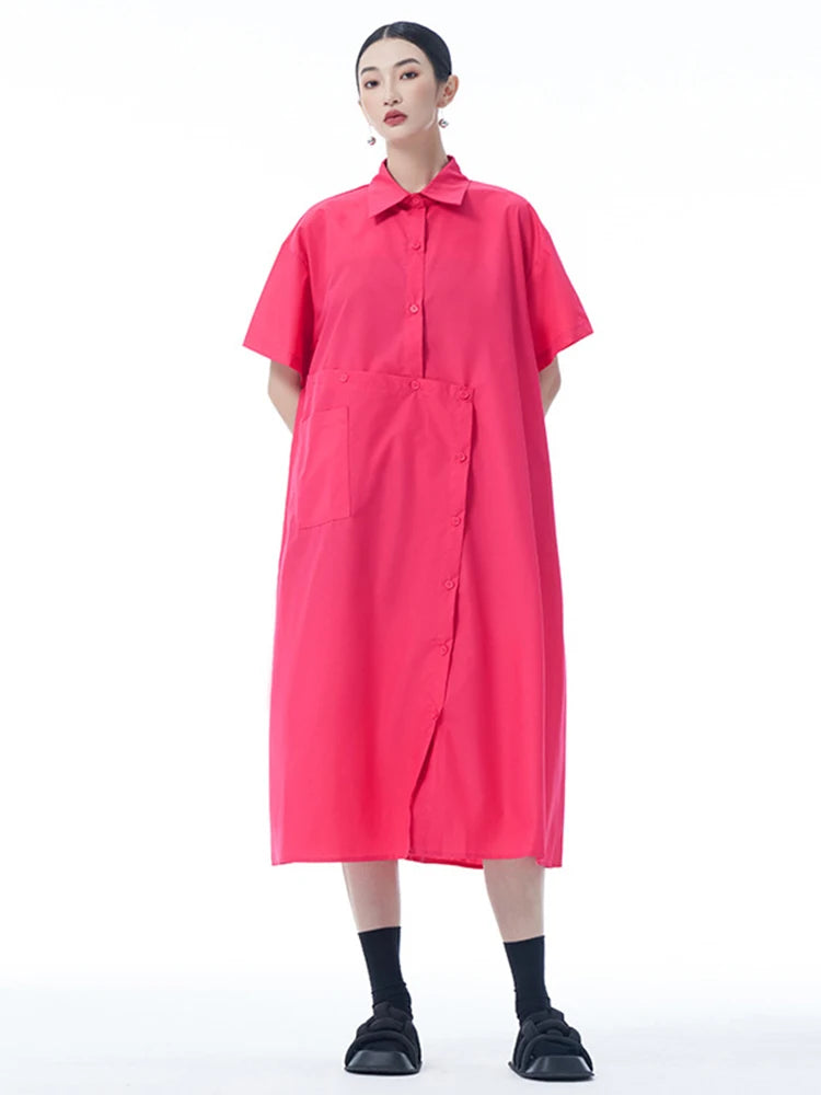 Women Black Irregular Button Big Size Midi Shirt Dress New Lapel Short Sleeve Fashion Tide Spring Summer 2025 1DJ0954
