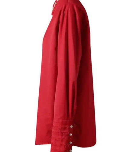 Women Red Pearl Nailed Elegant Big Size Blouse New Stand Collar Long Sleeve Shirt Fashion Tide Spring Autumn 2025 CPG2862