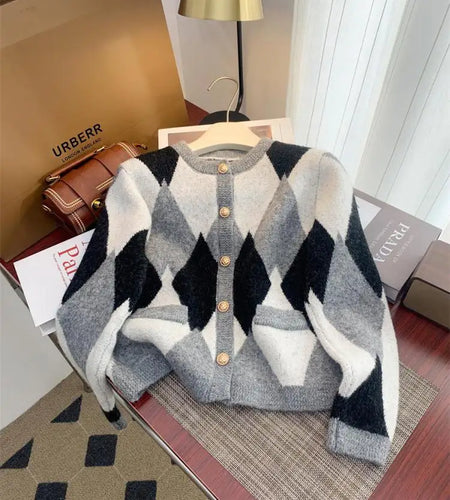 Vintage Women Sweet Patchwork Cardigan Fashion Diamond Grid Sweaters Autumn Winter Elegant Button Long-sleeved Knitted Tops 2024