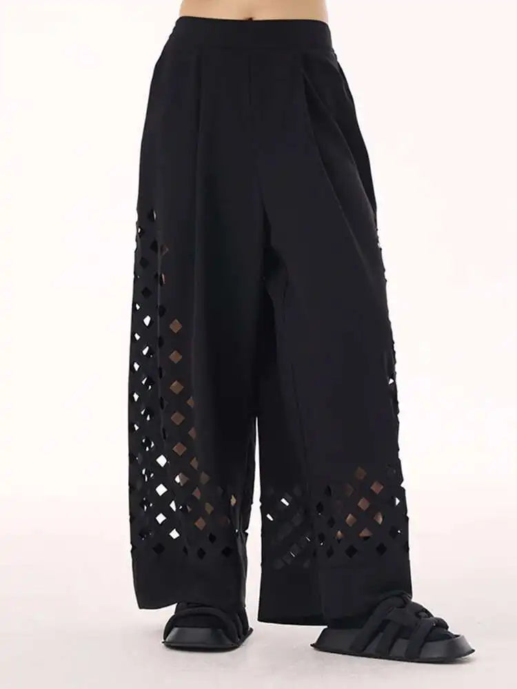 High Elastic Waist Gray Hollow Out Long Wide Leg Casual Pants New Trousers Women Fashion Tide Spring Autumn 2025  1DH9432