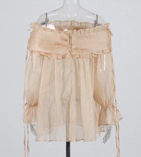 Solid Spliced Lace Up Loose Blouses For Women Slash Neck Long Sleeve Casual Shirts Female Fashion Style Clothes New