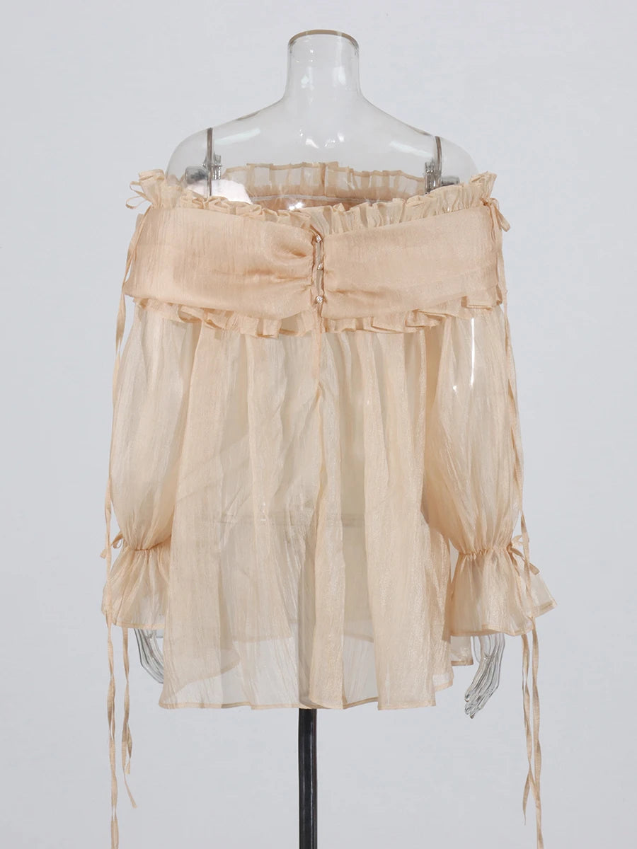 Solid Spliced Lace Up Loose Blouses For Women Slash Neck Long Sleeve Casual Shirts Female Fashion Style Clothes New