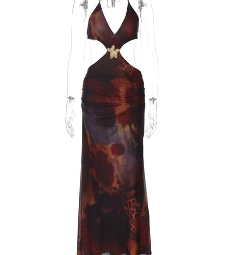 Fashion Print Halter Backless Hollow Out Patchwork Lace Up Slit Sexy Maxi Dress Summer Women Clothes Beach Vacation Y2K