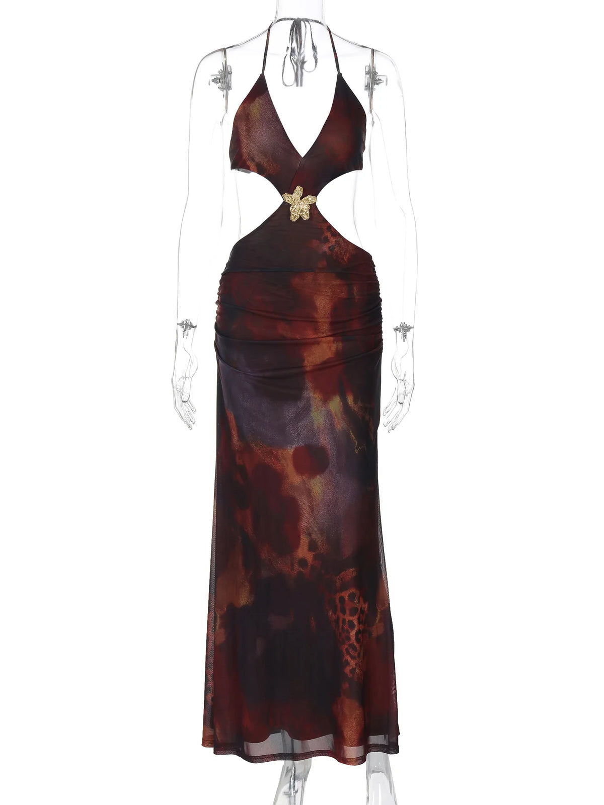 Fashion Print Halter Backless Hollow Out Patchwork Lace Up Slit Sexy Maxi Dress Summer Women Clothes Beach Vacation Y2K