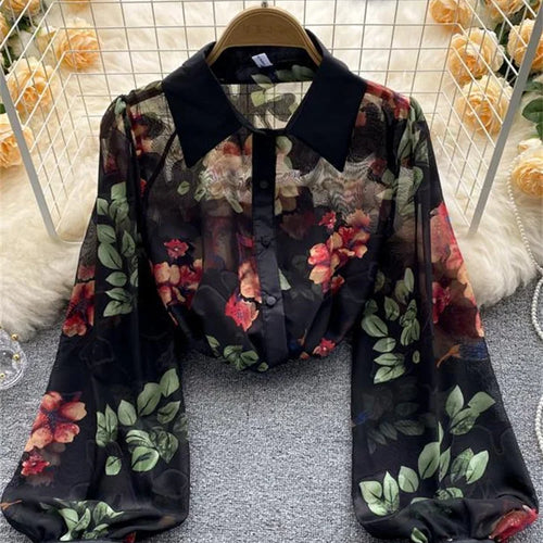 Load image into Gallery viewer, Fashion Print Shirt or Women Long Sleeve Turn Down Collar Korean Fashion Blouse Laides Vintage Button Up Casual Top
