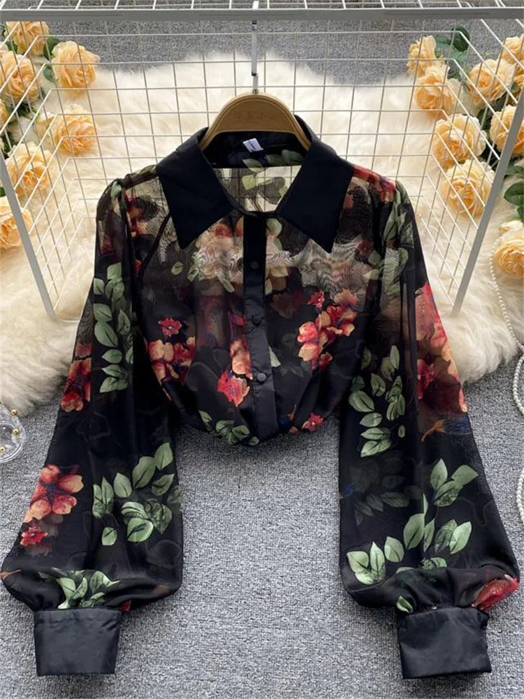 Fashion Print Shirt or Women Long Sleeve Turn Down Collar Korean Fashion Blouse Laides Vintage Button Up Casual Top