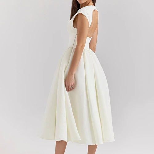 Load image into Gallery viewer, White Backless A-line Sexy Maxi Dress For Women Gown Solid Hollow Out Sleeveless High Waist Club Pleated Dress Elegant
