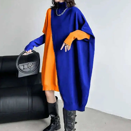 Load image into Gallery viewer, Women Gray Color-block Big Size Irregular Knitting Dress New Turtleneck Long Sleeve Fashion Spring Autumn 2025 1DH6561
