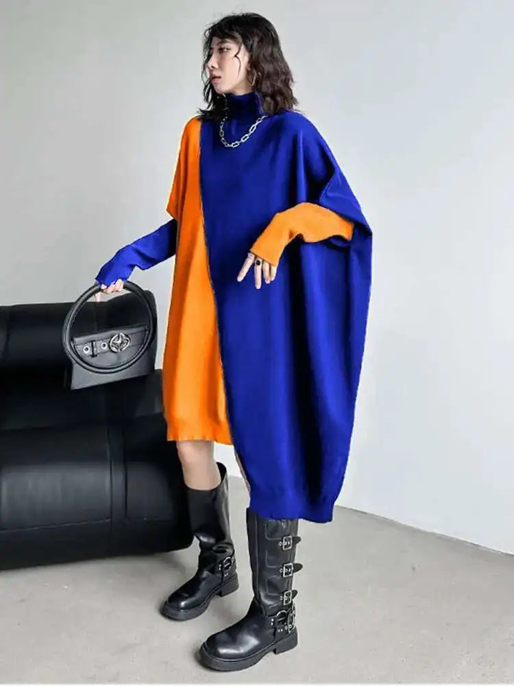 Women Gray Color-block Big Size Irregular Knitting Dress New Turtleneck Long Sleeve Fashion Spring Autumn 2025 1DH6561