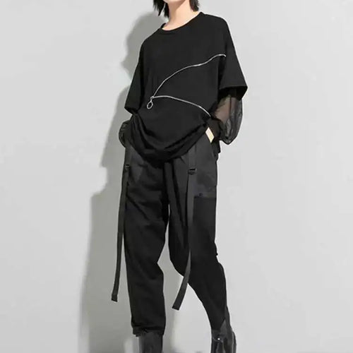 Load image into Gallery viewer, Women Black Zippper Mesh Spliced Big Size T-shirt New Round Neck Long Sleeve  Fashion Tide  Spring Autumn 2025 1DD5774
