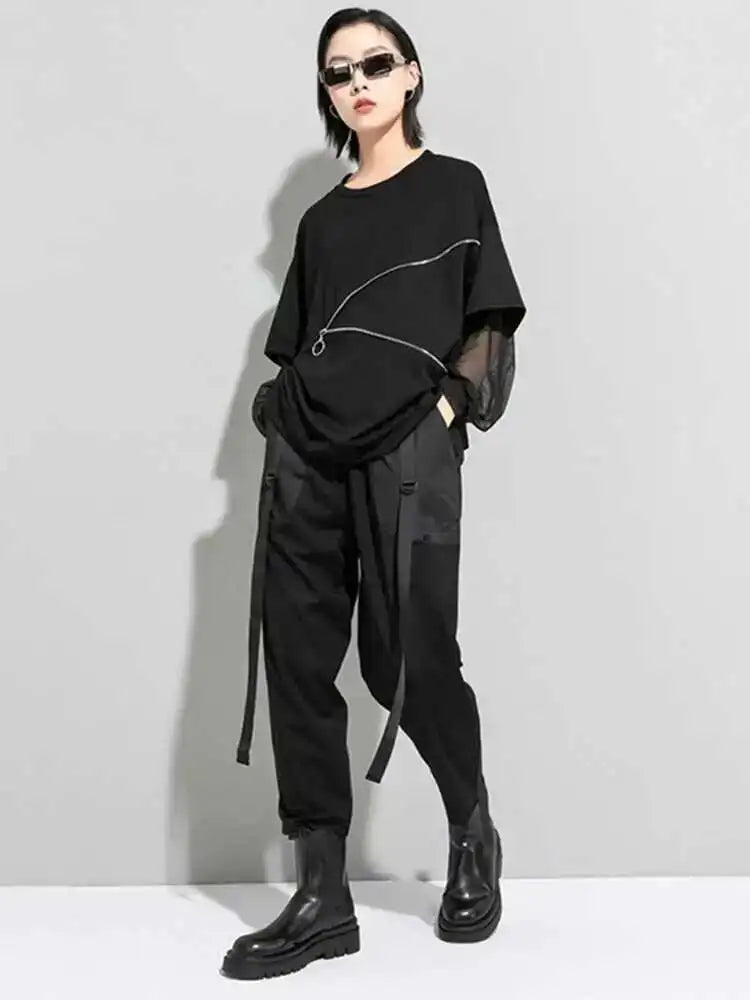 Women Black Zippper Mesh Spliced Big Size T-shirt New Round Neck Long Sleeve  Fashion Tide  Spring Autumn 2025 1DD5774