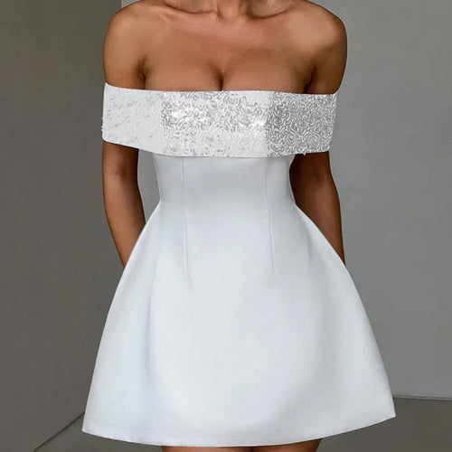 Load image into Gallery viewer, Off-shoulder Sequins Strapless Sexy Mini Dress Women Fashion Sleeveless Backless Sparkle High Waist Club Sexy Dress
