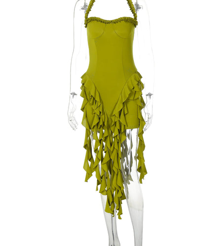 Fashion Halter Solid Backless Tassel Ruffles Sexy Slim Midi Dress Summer Women Elegant Clothes Birthday Festival