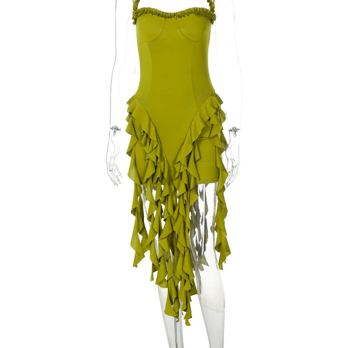 Load image into Gallery viewer, Fashion Halter Solid Backless Tassel Ruffles Sexy Slim Midi Dress Summer Women Elegant Clothes Birthday Festival
