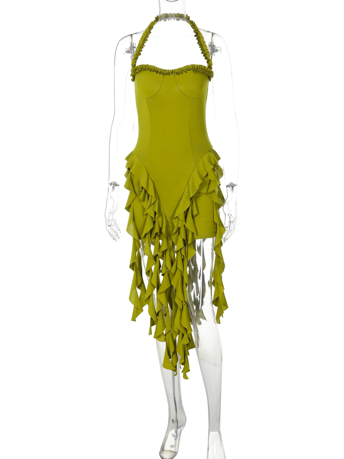 Fashion Halter Solid Backless Tassel Ruffles Sexy Slim Midi Dress Summer Women Elegant Clothes Birthday Festival