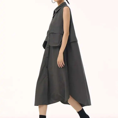 Load image into Gallery viewer, Women Black Shaped Pockets Big Size Midi Shirt Vest Dress New Lapel Sleeveless Fashion Tide Spring Autumn 2025 1DH9471
