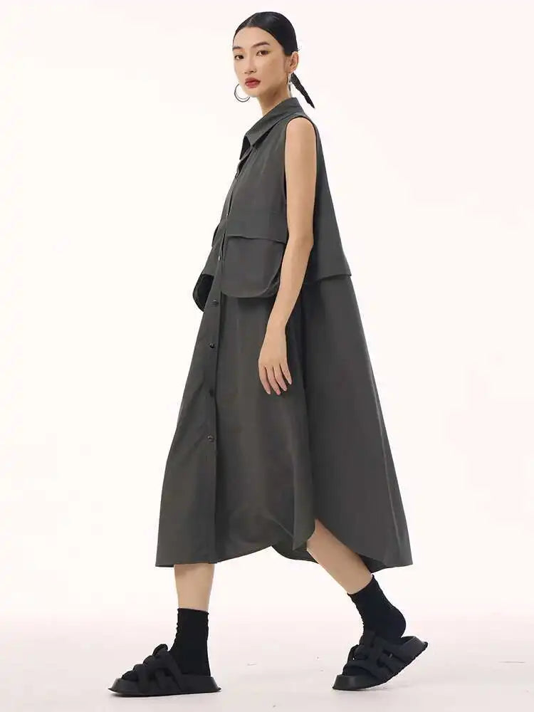 Women Black Shaped Pockets Big Size Midi Shirt Vest Dress New Lapel Sleeveless Fashion Tide Spring Autumn 2025 1DH9471