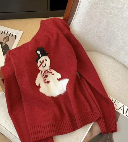 French Autumn Winter Blue Snowman Elegant Pullover Short Sweater Women Vintage 2024 New Red Round Neck Long Sleeved Knitted Tops