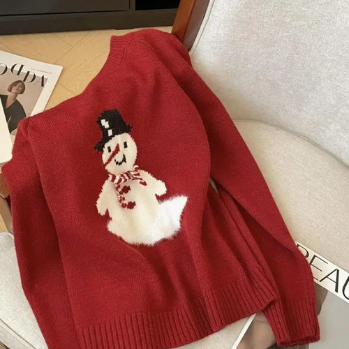 Load image into Gallery viewer, French Autumn Winter Blue Snowman Elegant Pullover Short Sweater Women Vintage 2024 New Red Round Neck Long Sleeved Knitted Tops
