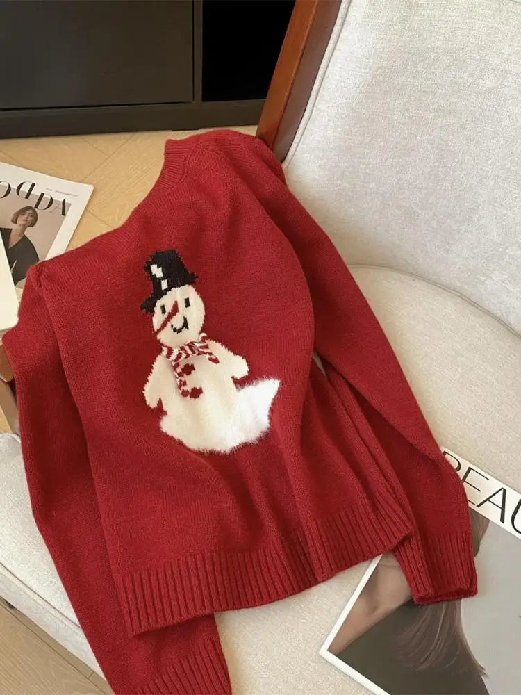 French Autumn Winter Blue Snowman Elegant Pullover Short Sweater Women Vintage 2024 New Red Round Neck Long Sleeved Knitted Tops