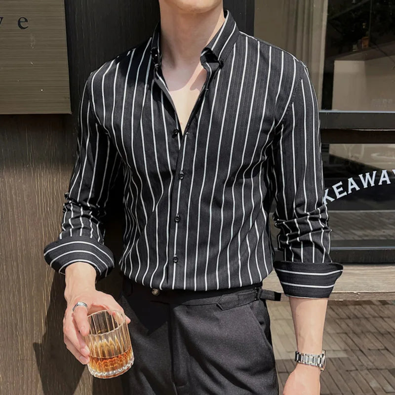 Striped Men's New Long Sleeved Shirts Korean Fashion Shirt Male Turn-down Collar Clothing Loose Spring Style 9W1567