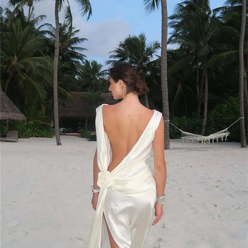 Load image into Gallery viewer, Satin Backless Sexy Maxi Dress For Women Elegant Rose Thigh High Split Beach Holiday Long Dress Gorgeous Club Gown
