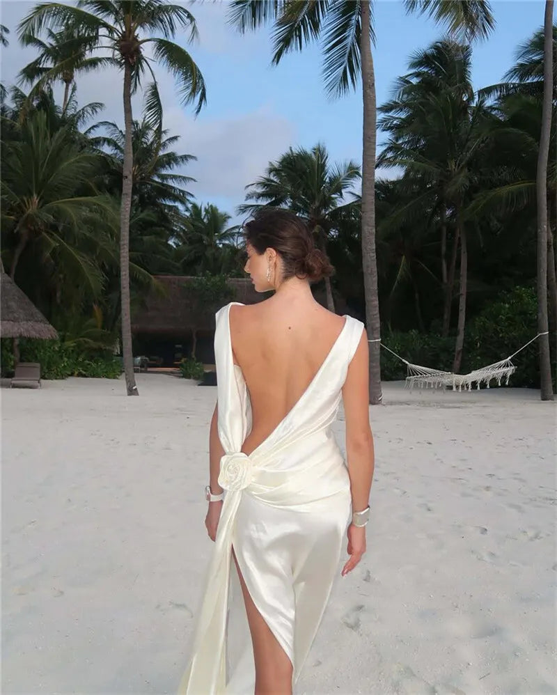 Satin Backless Sexy Maxi Dress For Women Elegant Rose Thigh High Split Beach Holiday Long Dress Gorgeous Club Gown