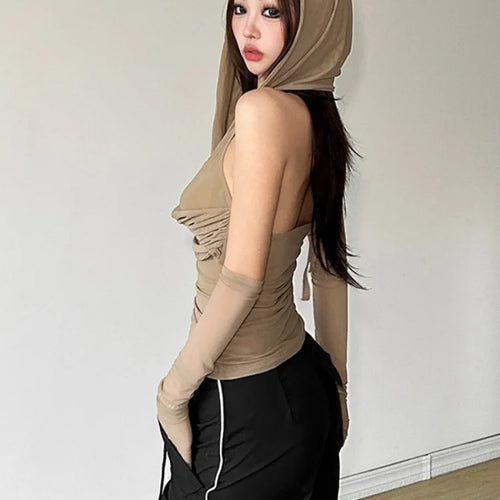 Load image into Gallery viewer, Y2k Aesthetic Sexy Streetwear Mesh Hooded Top Streetwear Sleeveless Bandage T-shirt Women Harajuku Solid Fairy Grunge Tee Shirts
