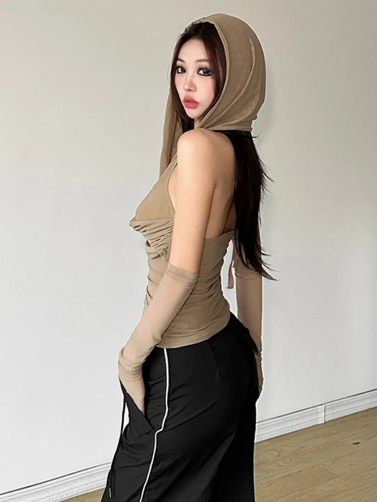 Y2k Aesthetic Sexy Streetwear Mesh Hooded Top Streetwear Sleeveless Bandage T-shirt Women Harajuku Solid Fairy Grunge Tee Shirts