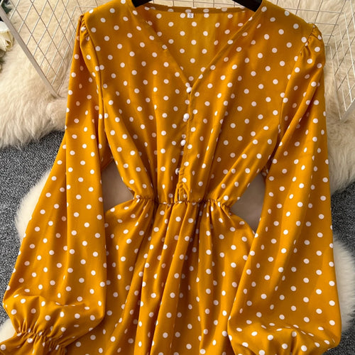 Load image into Gallery viewer, Vintage Elegant Women Yellow Dot Vacation Pleated Dress 2025 Autumn Fashion V-neck High Waist A-line Long Sleeve Party Dress New
