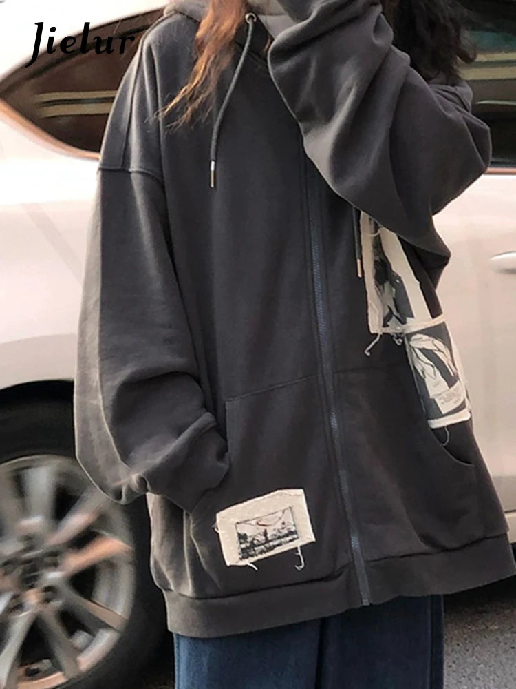 Dark Gray Casual Female Sweatshirts Winter Zip-up O-neck Loose Streetwear Fashion Office Lady Chic Basic Women's Hoodies