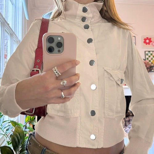 Load image into Gallery viewer, Y2K Beige High Waist Bomber Jacket Casual Single Breasted Autumn Winter Coat Harajuku Turtleneck Women Outwear Pocket
