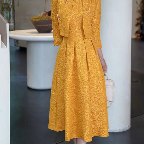 Load image into Gallery viewer, Elegant Two Piece Sets for Women Round Neck Long Sleeves Spliced Bead Jacket O Neck Patchwork Folds Dress Set Female
