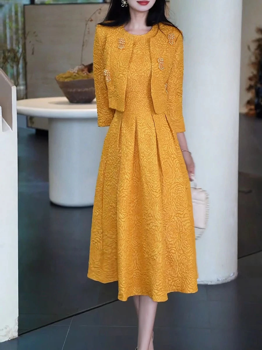 Elegant Two Piece Sets for Women Round Neck Long Sleeves Spliced Bead Jacket O Neck Patchwork Folds Dress Set Female