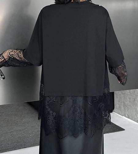 Women Black Pattern Lace Perspective Big Size T-shirt New Round Neck Long Sleeve Fashion Tide Spring Autumn 2025 1DJ0793