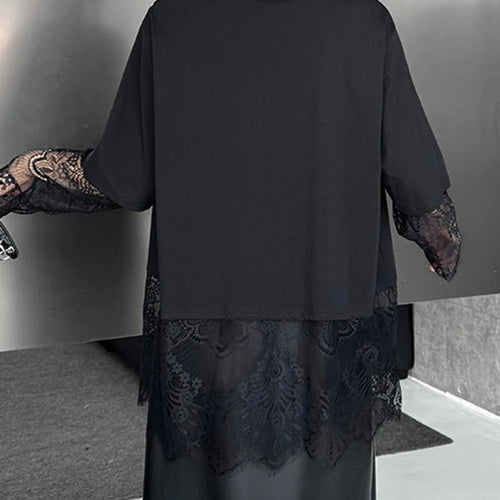 Load image into Gallery viewer, Women Black Pattern Lace Perspective Big Size T-shirt New Round Neck Long Sleeve Fashion Tide Spring Autumn 2025 1DJ0793
