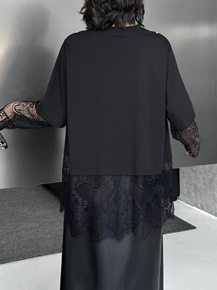 Women Black Pattern Lace Perspective Big Size T-shirt New Round Neck Long Sleeve Fashion Tide Spring Autumn 2025 1DJ0793