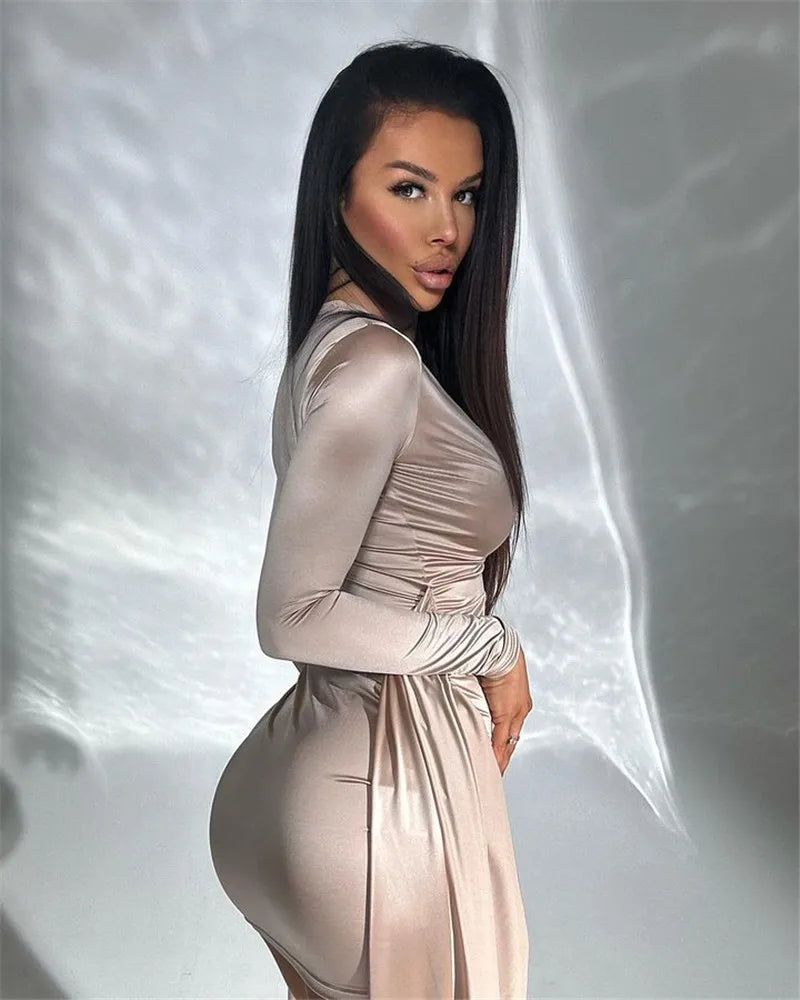 Irregular Sexy Mini Dress For Women Low Cut Long Sleeve Ruched Bodycon Dress Femme Elegant Club Party Sexy Dress New