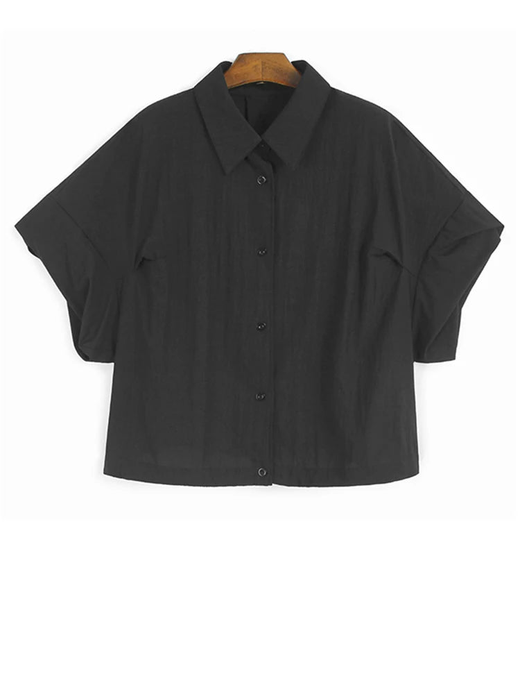 Women Blue Brief Pleated Big Size Thin Blouse New Lapel Short Puff Sleeve Shirt Fashion Tide Spring Summer 2025 1DJ1198