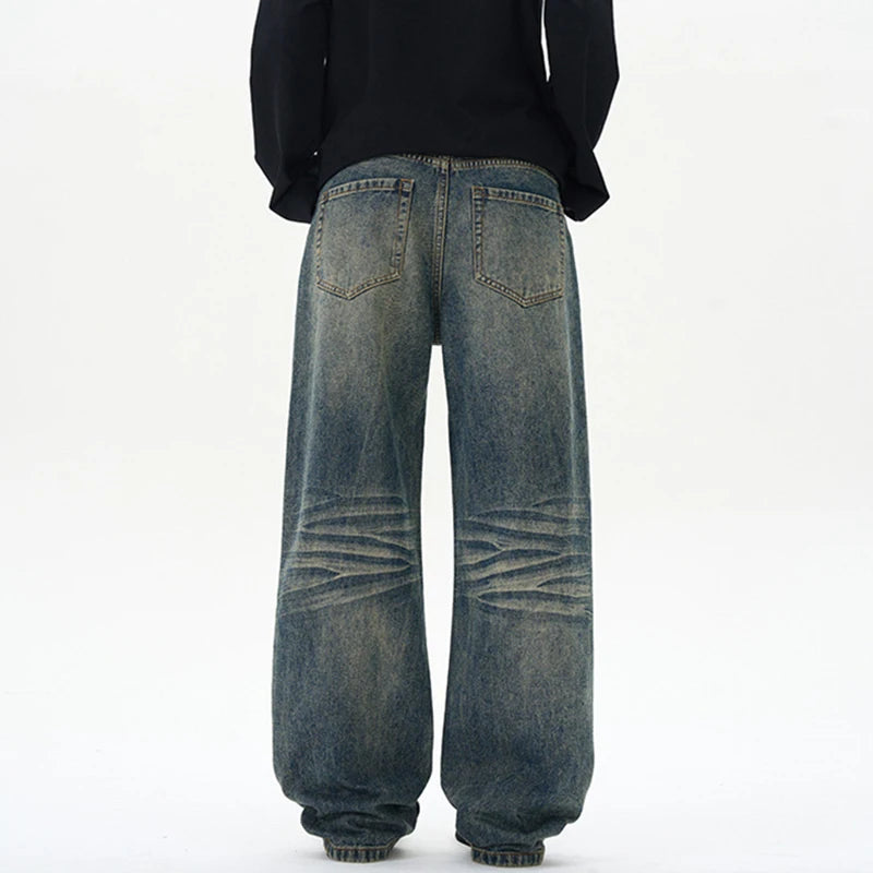 Men's Jeans Nostalgic Washed Cat Beard Design New American Style Straight Leg Gradient Color Tide Male Trousers 9W2025