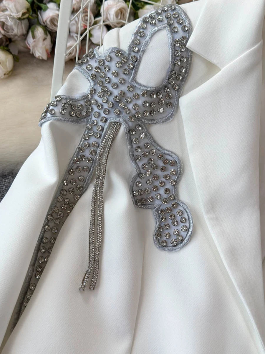 Solid Patchwork Button Slimming Blazer For Women Notched Collar Long Sleeve Spliced Diamonds Elegant Coat Female