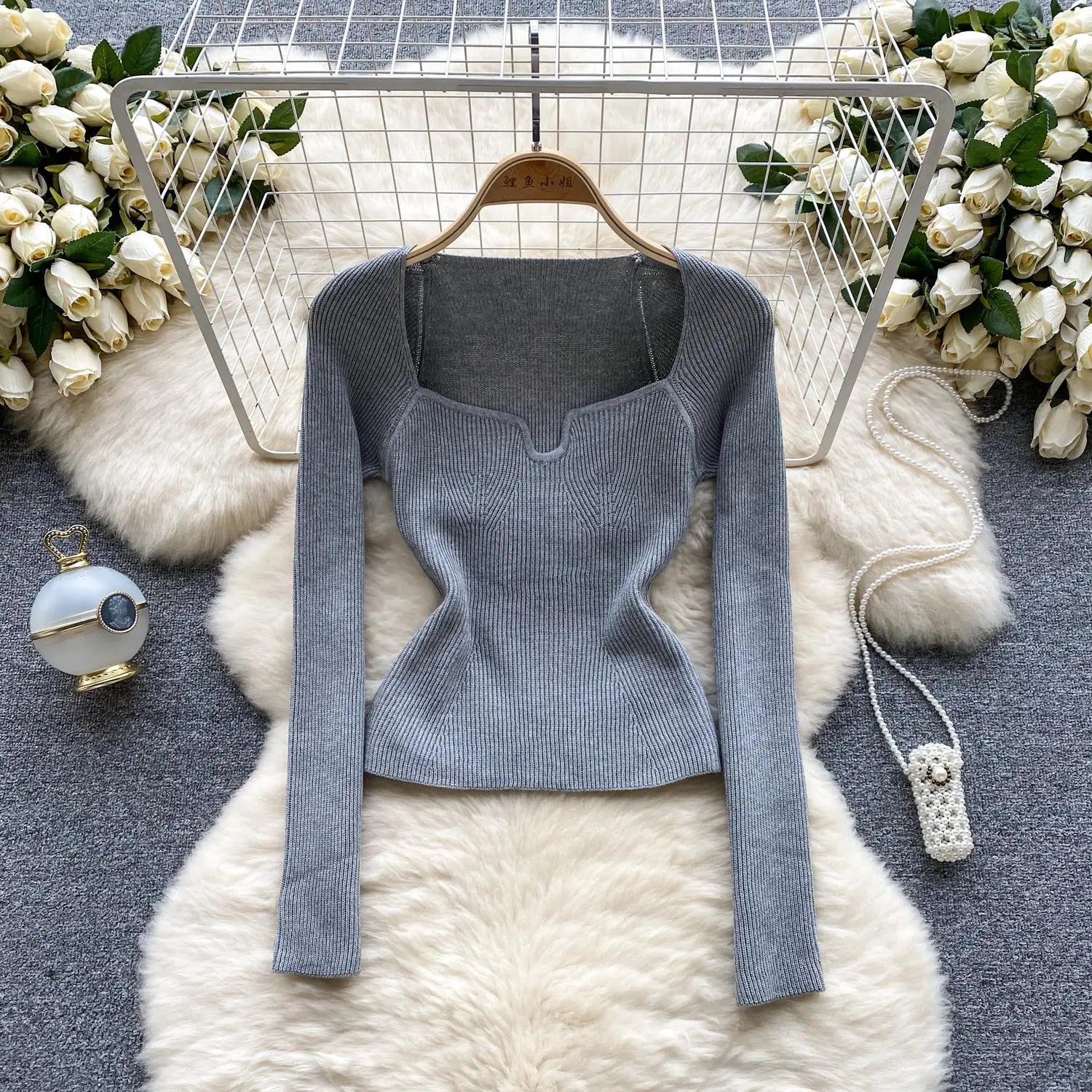 Fashion Solid Knitted Square Collar Long Sleeves Slim Fit Tops Women France Autumn Office Lady Elegant Pullover Sweater Popular