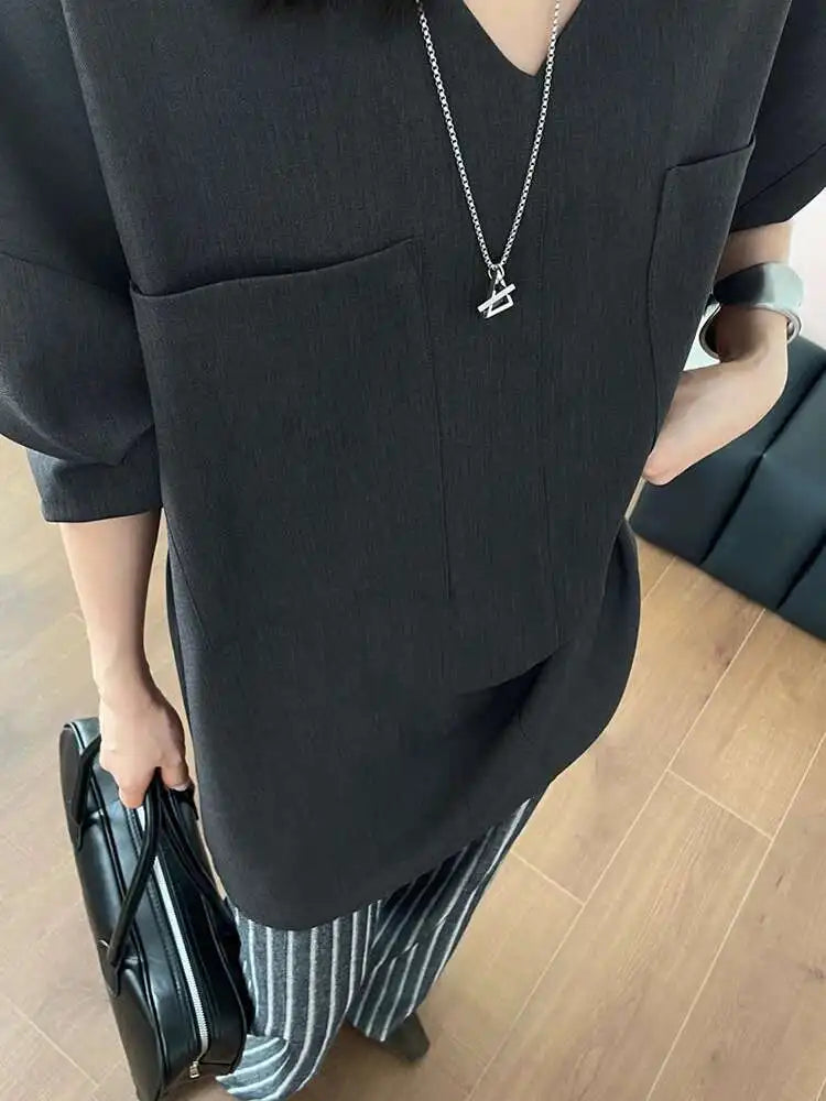 Women Gray Double Pocket Big Size Elegant Mini Dress New V--Neck Long Sleeve Fashion Tide Spring Autumn 2025 1DH7310