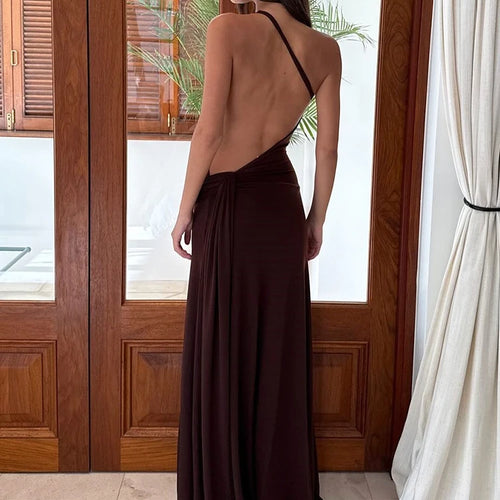 Oblique Shoulder Sleeveless Ruched Maxi Dress For Women Gown Elegant Metal Rings Backless Bodycon Long Dresses Vestidos