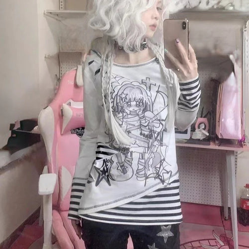 Load image into Gallery viewer, Japanese Harajuku Cartoon Print Tshirts Women Fashion Kawaii Y2k Aesthetic Patchwork Stripe Tees New Sweet Slim Fit T-Shirt Tops
