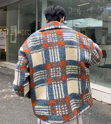 Winter Men Wear Woolen Jacket Turtleneck Plaid Contrast Color Patchwork Male Overcoat New Stylish Loose Fit 9C9036