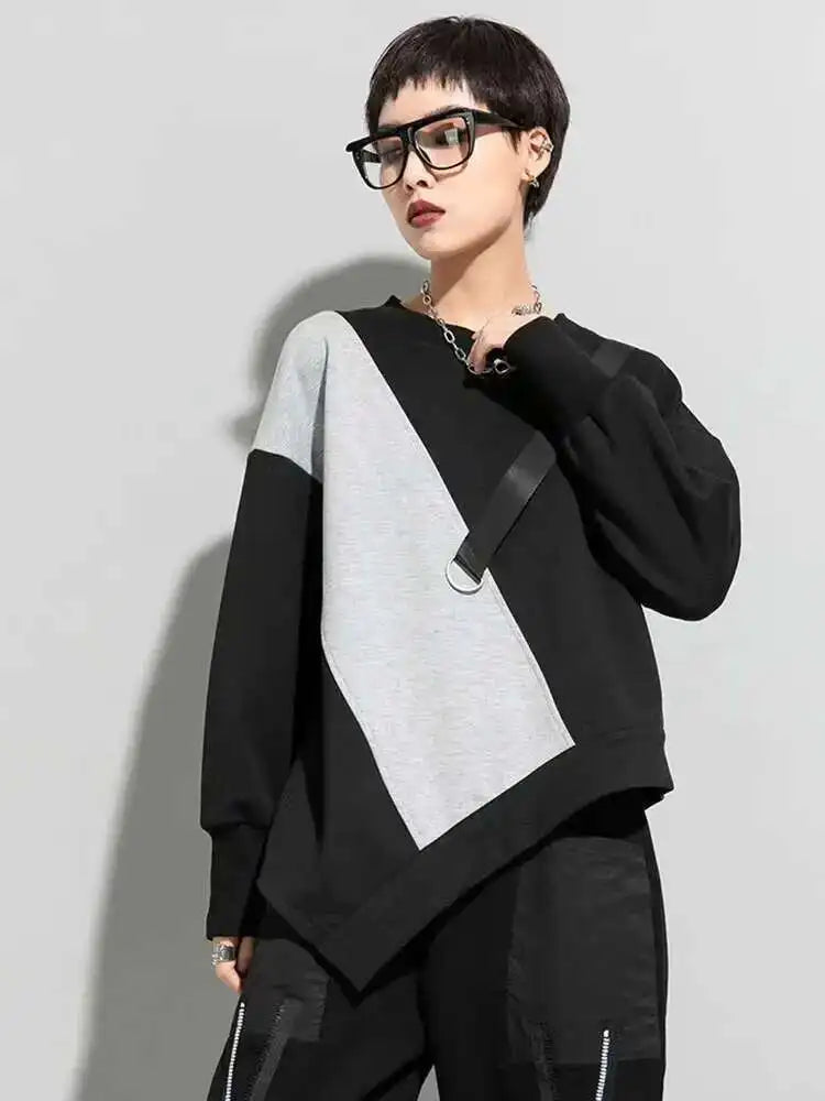 Women Gray Asymmetric Color-block Big Size Casual T-shirt New Round Neck Long Sleeve Fashion Spring Autumn 2025 1DF4759