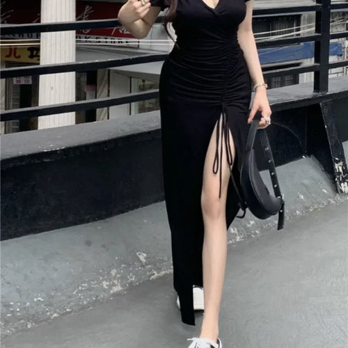 Load image into Gallery viewer, Summer Casual Bodycon Black Draw String Split Dress Women Vneck Ruched Wrap Long Dresses High Waist Sundress
