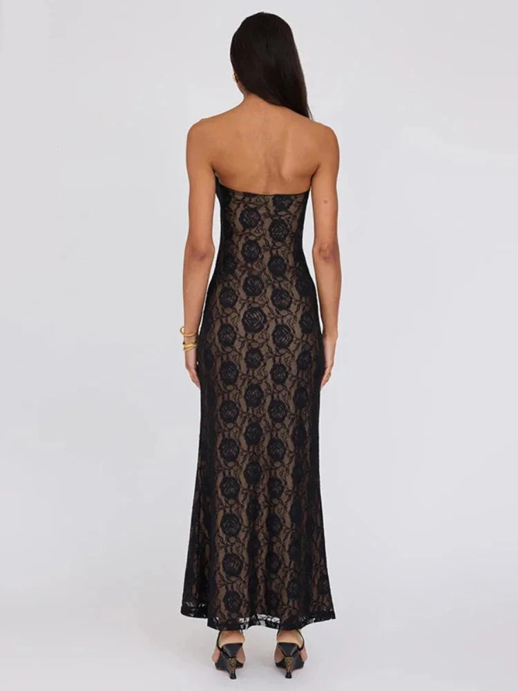 Buckle Hollow Strapless Maxi Dress Sexy Black Lace Long Party Dresses for Women Club Night Dinner Outfits C95-EC35